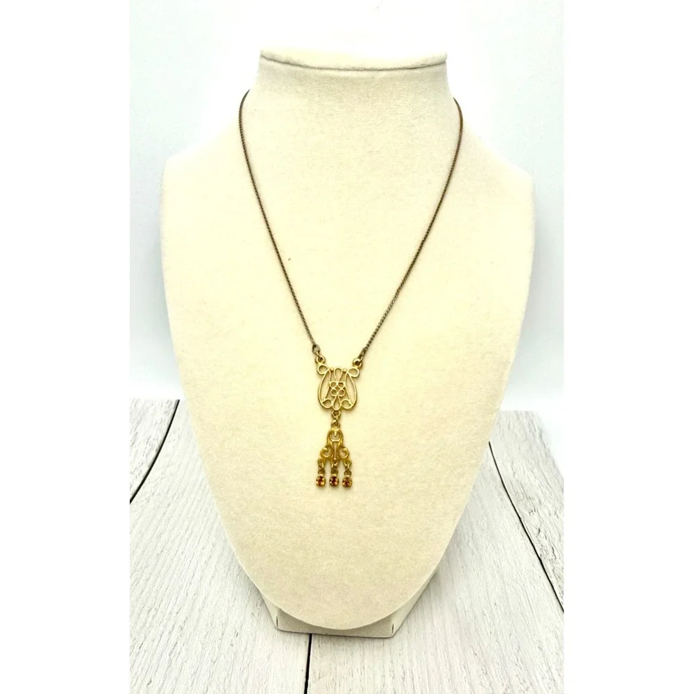 Vintage 90s Art Nouveau Gold Tone Floral Scroll Pendant Necklace 16in